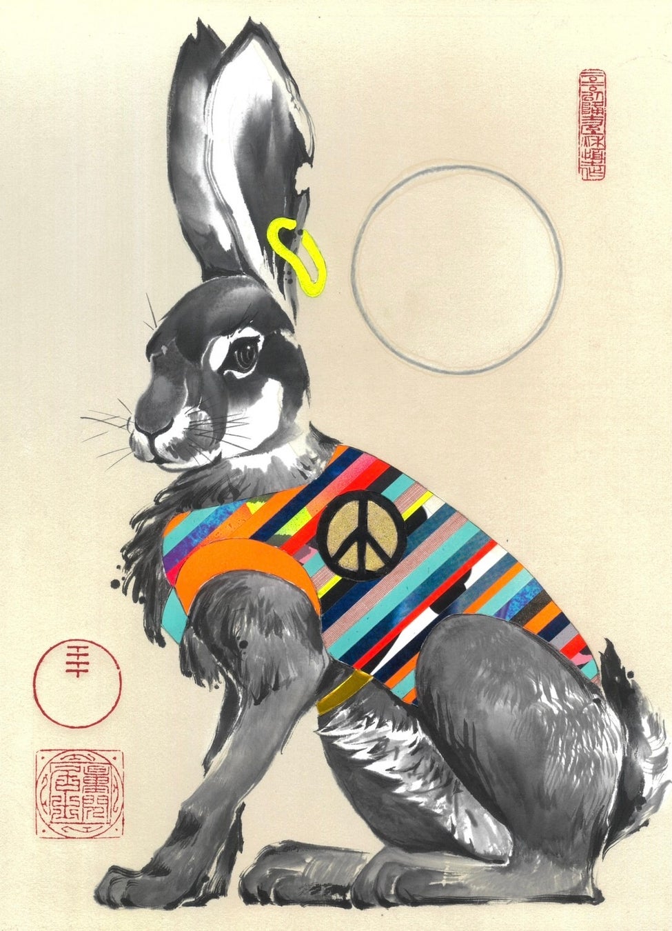 【京都市役所前】土屋秋恆 水墨画展 ー 大いなる跳躍 ー　のサブ画像1_「創造之兎 Rabbit of Creativity」 W300 x H410 mm 和紙に墨, Mixed media