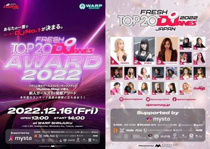 新人女性DJ発掘アワード「DJane Mag JAPAN FRESH TOP20 DJanes 2022」結果発表！2022年12月16日（金）にWARP SHINJUKUにてランキング発表会を開催のメイン画像