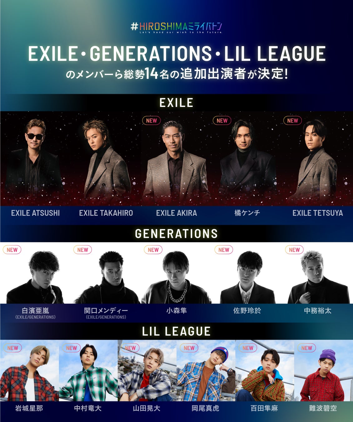 ５月４日開催「#HIROSHIMAミライバトン」にEXILE・GENERATIONS・LIL LEAGUEのメンバーら追加出演メンバー１４名が決定！のサブ画像1
