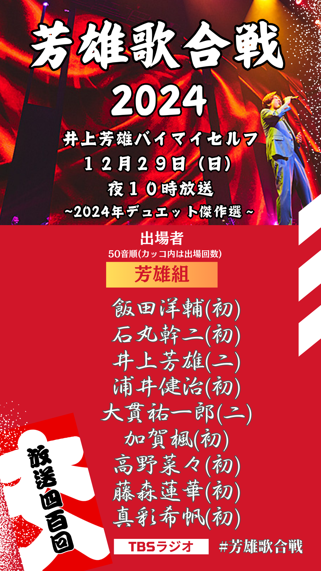 12月29日（日）『井上芳雄 by MYSELF』放送400回！年末恒例企画『芳雄歌合戦2024』！のサブ画像1